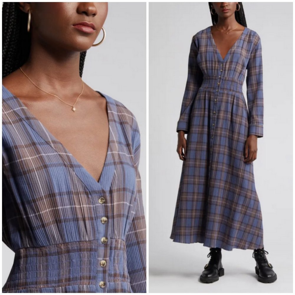 TREASURE & BOND Plaid Long Sleeve Cotton Midi Dress ~ Navy Herring Check M NWOT